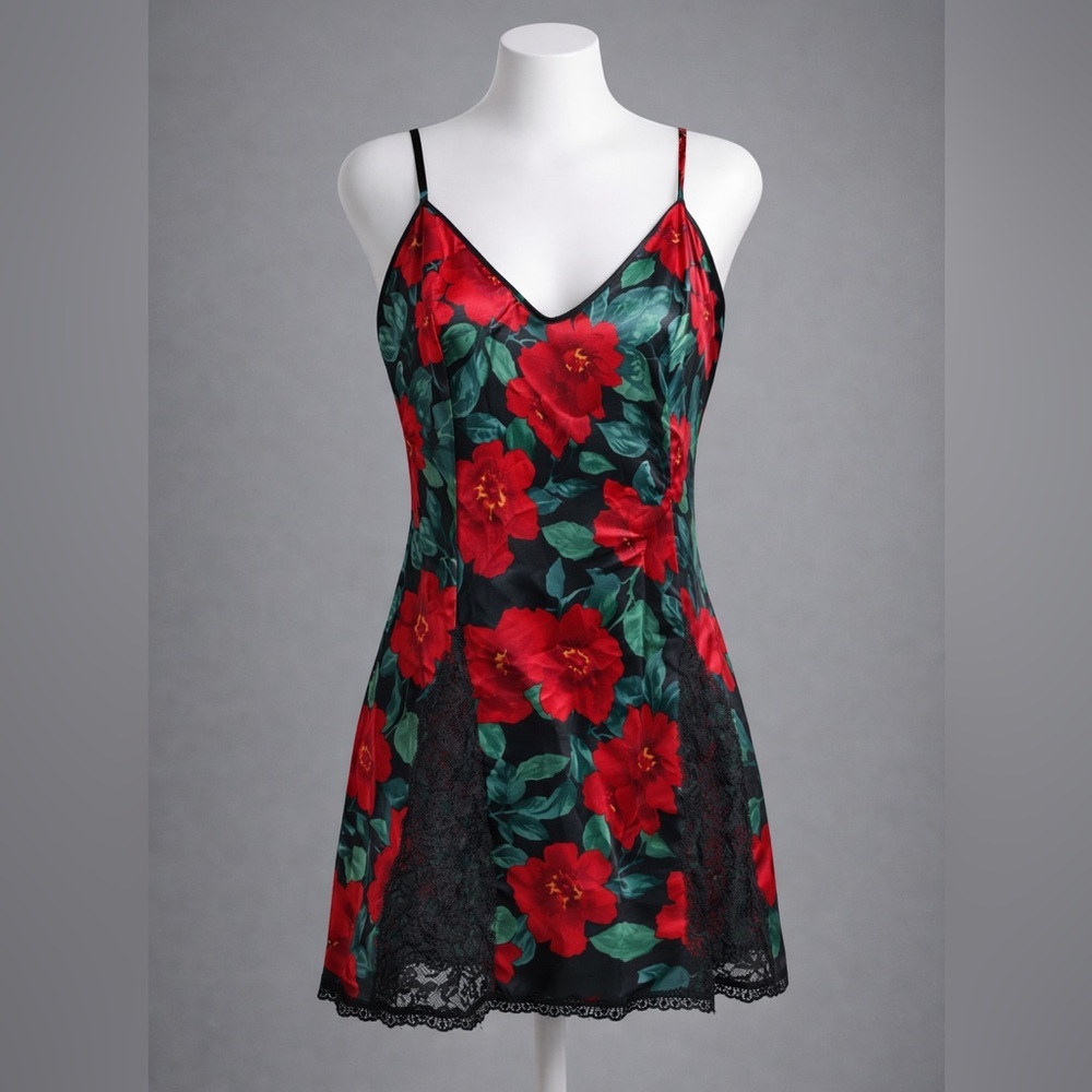 Vintage Victoria’s Secret Gold Label Floral Slip Dress Lace Trim Red Black M